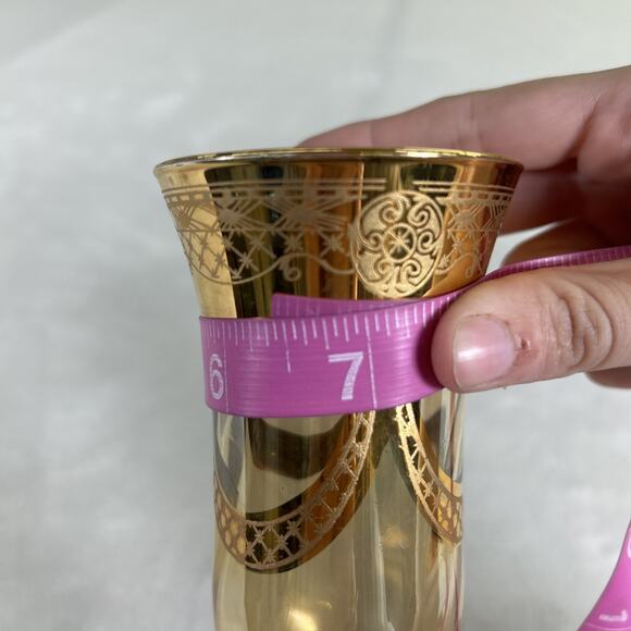 Amber Iridescent 8.25” Glass Flutes with Gold Patterned Overlay Heavy Charity - Picture 9 of 9